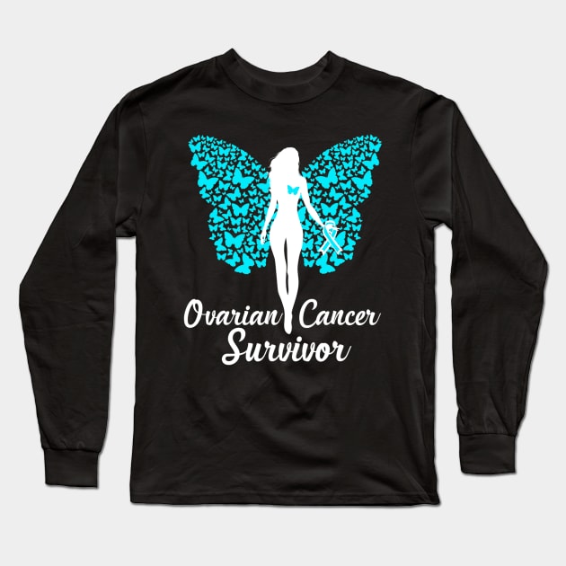 Ovarian Cancer Survivor Warrior Awareness Teal Ribbon Long Sleeve T-Shirt by ShariLambert
